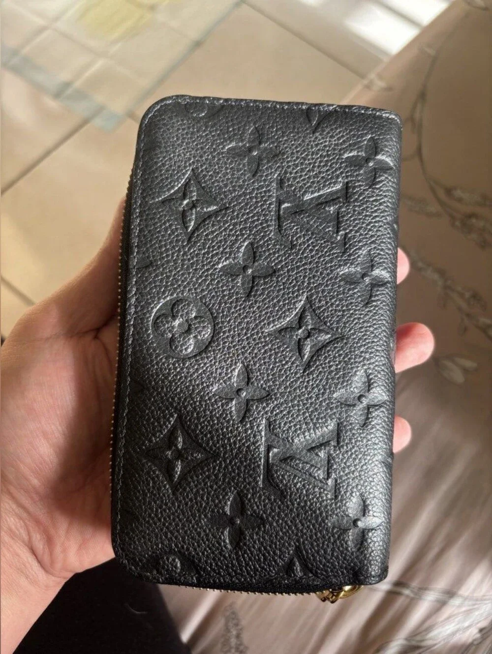 Louis Vuitton Black Embossed Monogram Zip Wallet with Gold Plate Accent